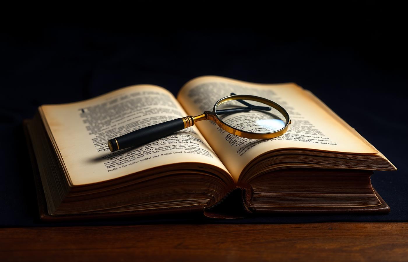 Antique law book with brass magnifying glass, lit by a desk lamp.