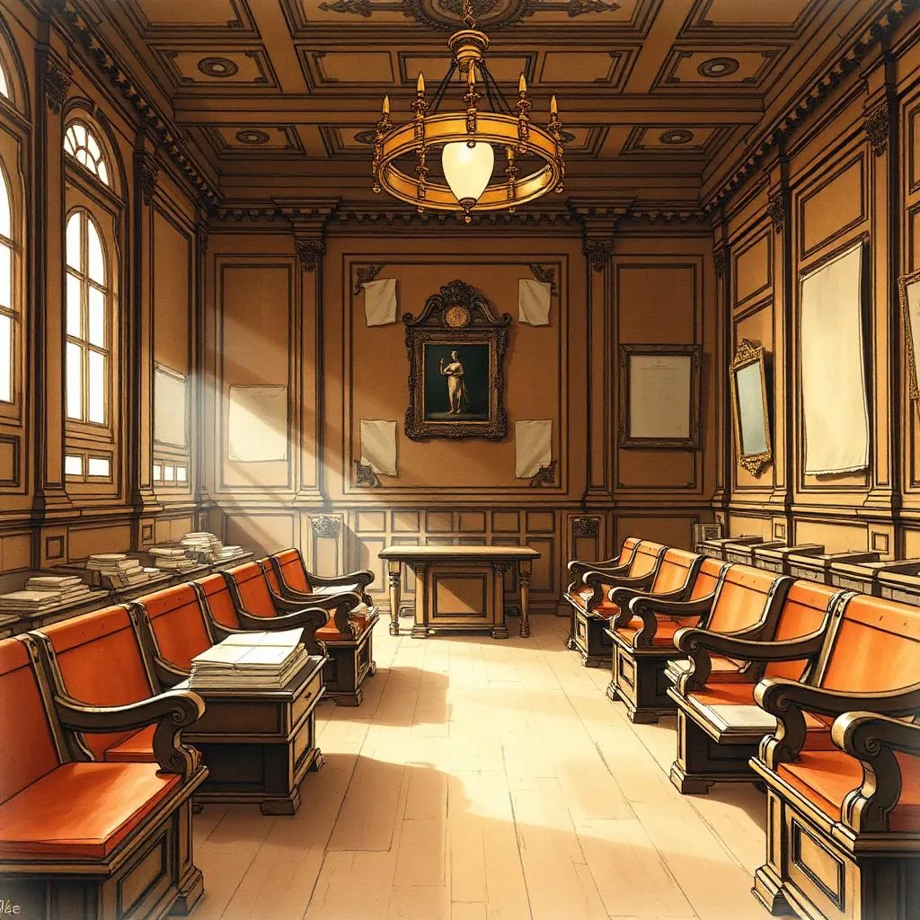 Warm-lit interior of a classical English courtroom with polished oak benches and brass lamps.