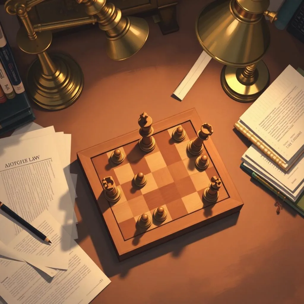 Overhead view of a wooden chess board mid-game on legal documents under warm brass lamps.