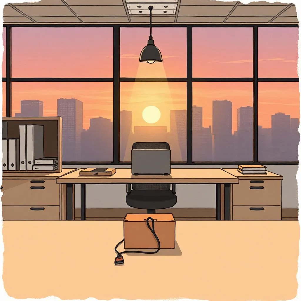 A modern office at dusk with a single empty desk, a cardboard box and a lanyard.