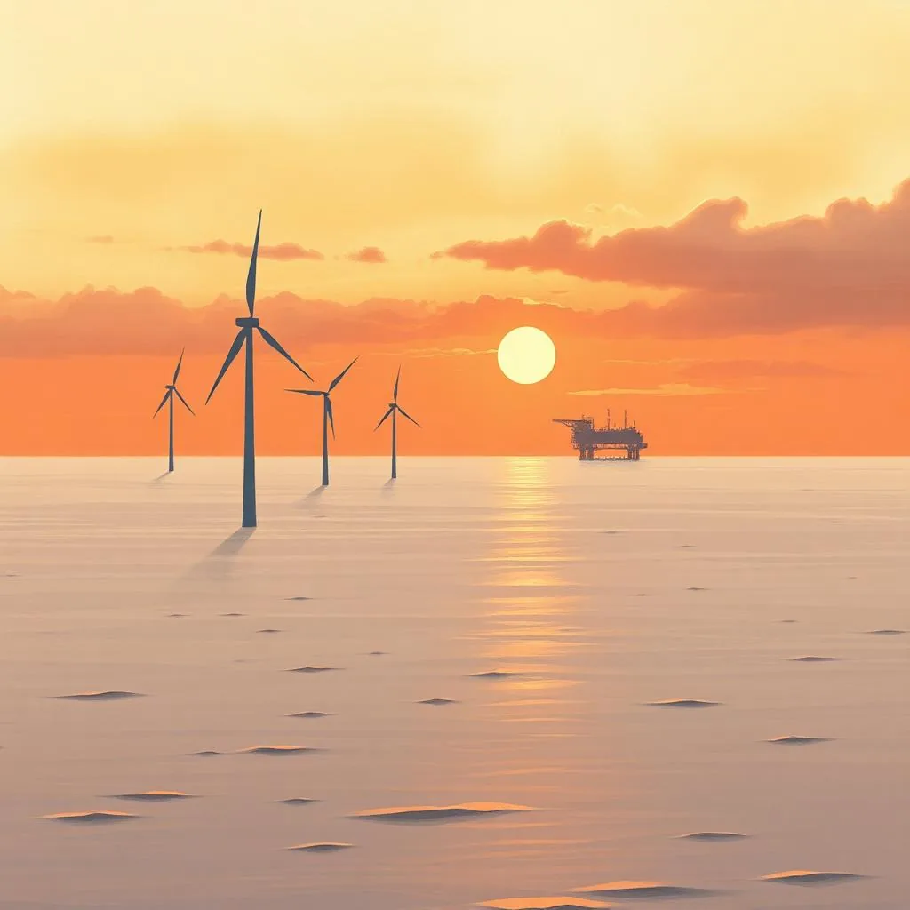 Offshore wind turbines and a distant gas platform at golden hour over the North Sea.