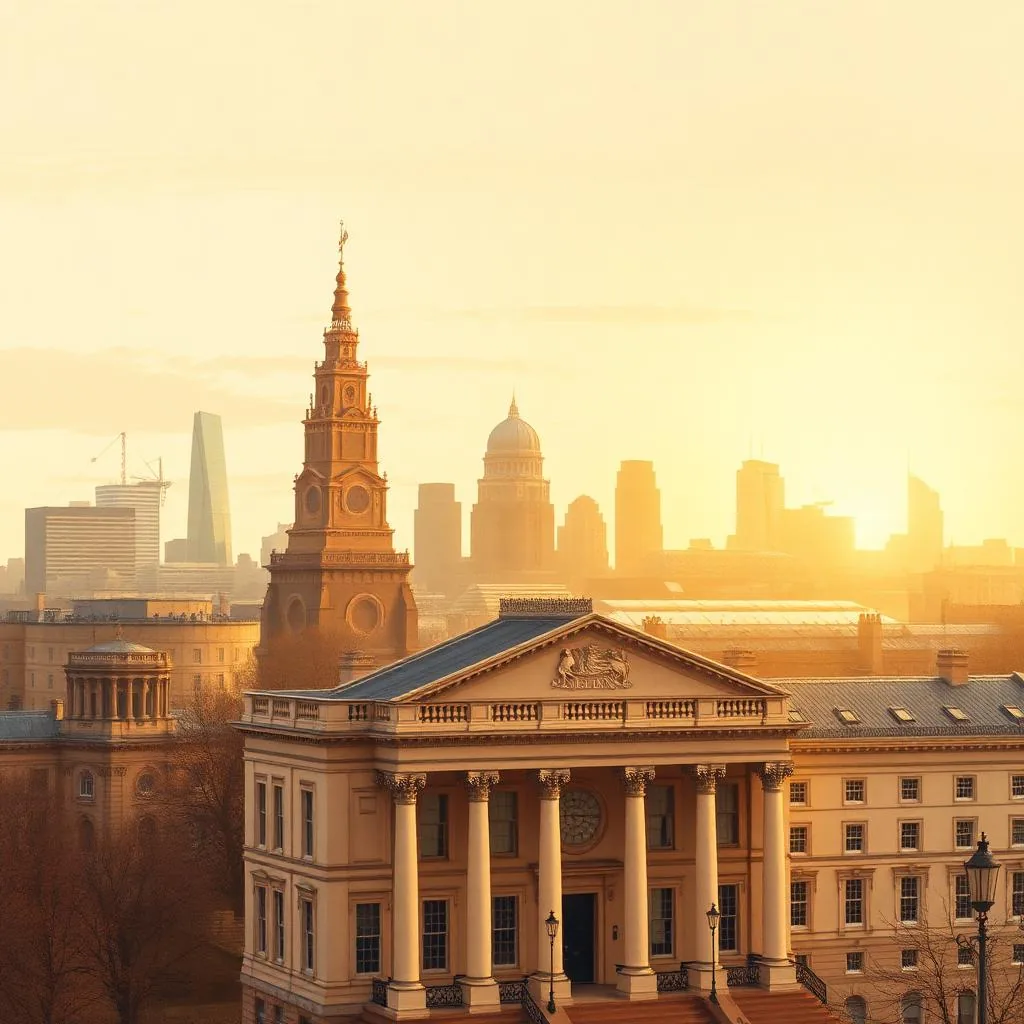 Warm golden-hour view of the City of London skyline with a classical bank facade in the foreground.