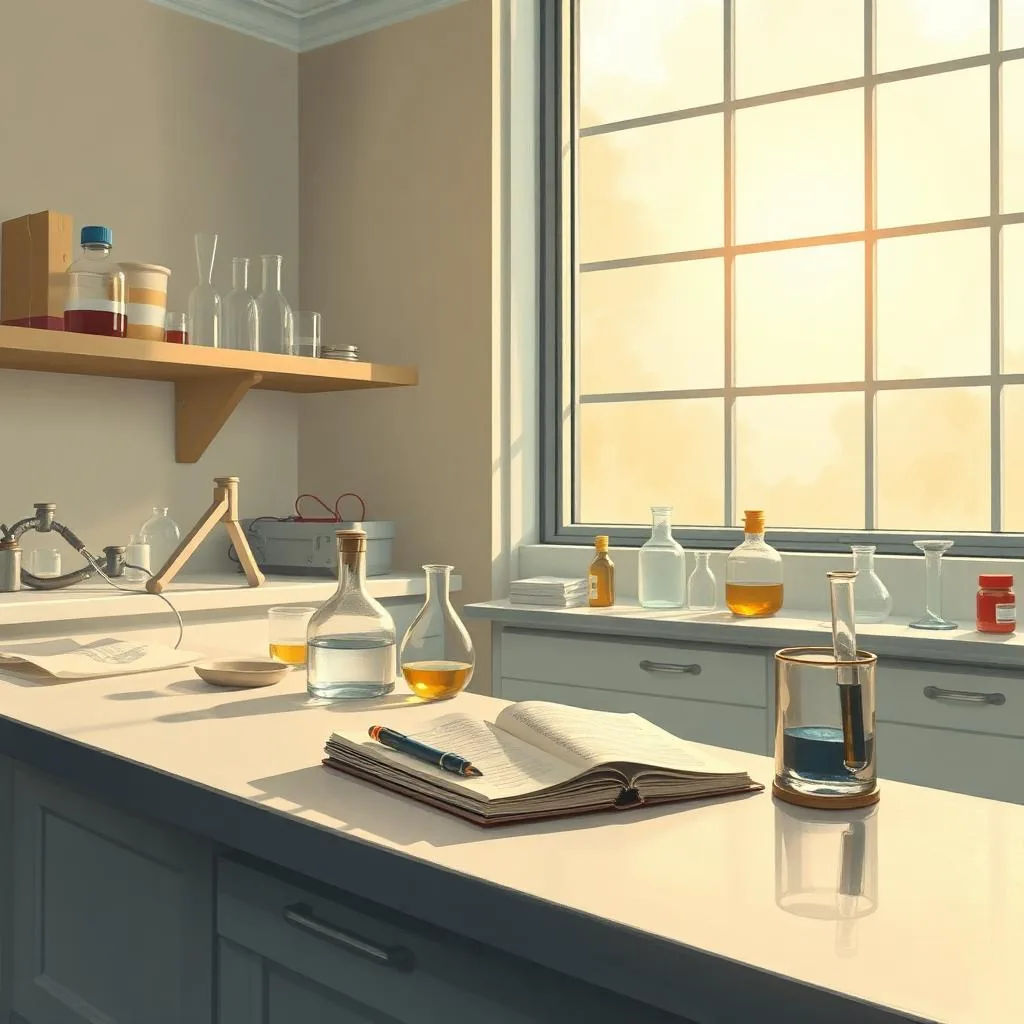 A pristine laboratory bench with glass beakers, pipettes and a lab notebook in warm morning light.