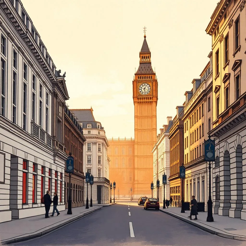 Warm-lit Whitehall street with classical government buildings and a Westminster clock tower at golden hour.