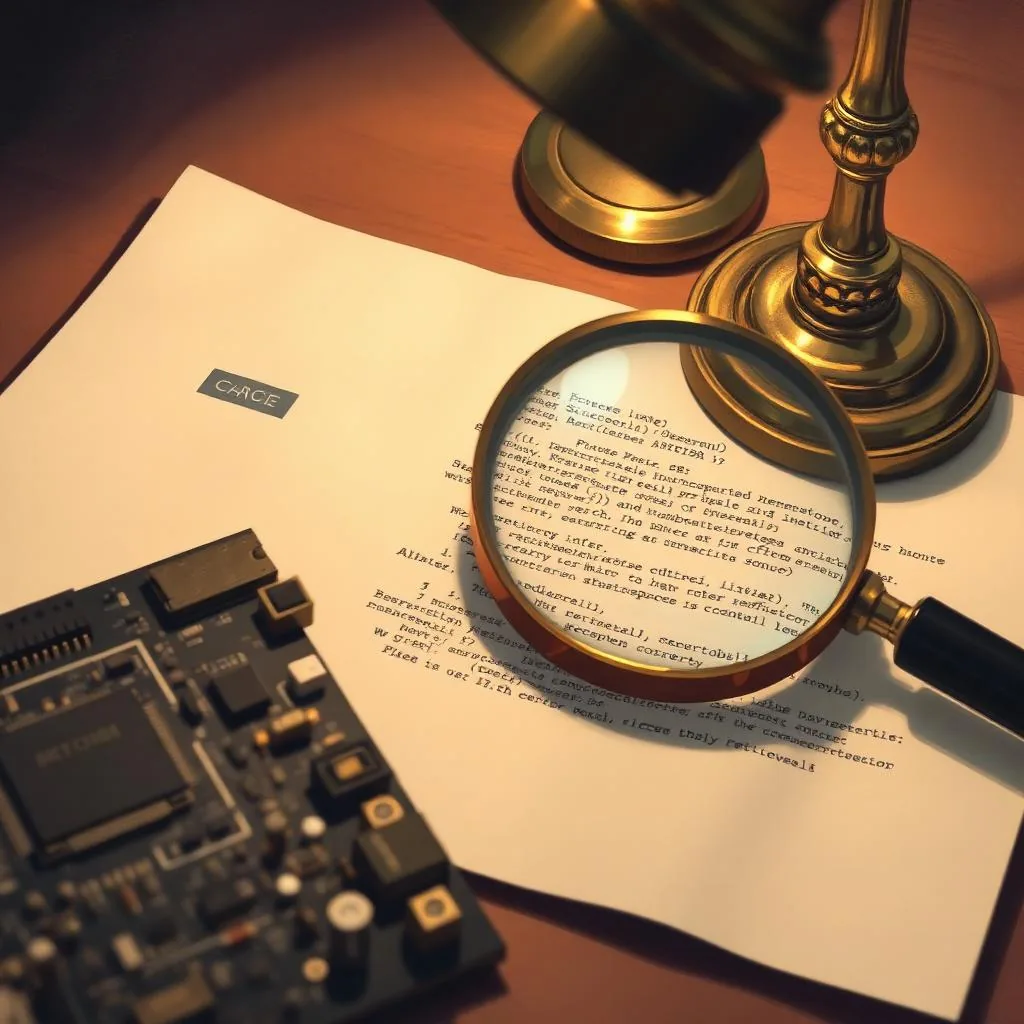 A printed circuit board and a paper printout of source code with a magnifying glass under a brass lamp.