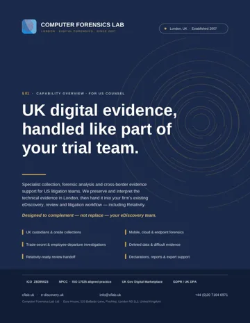 Cover of the UK digital forensics support for US litigation teams brochure